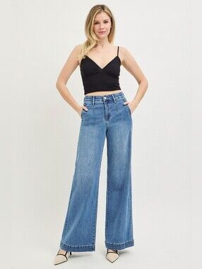 RISEN Tummy Control Medium Wash Wide Leg Jeans Trouser Comfort Waist Various NEW